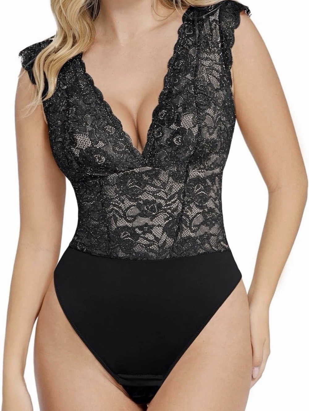 Popilush Large Simmery Black Lace Bodysuit - Elegant V-Neck Intimate